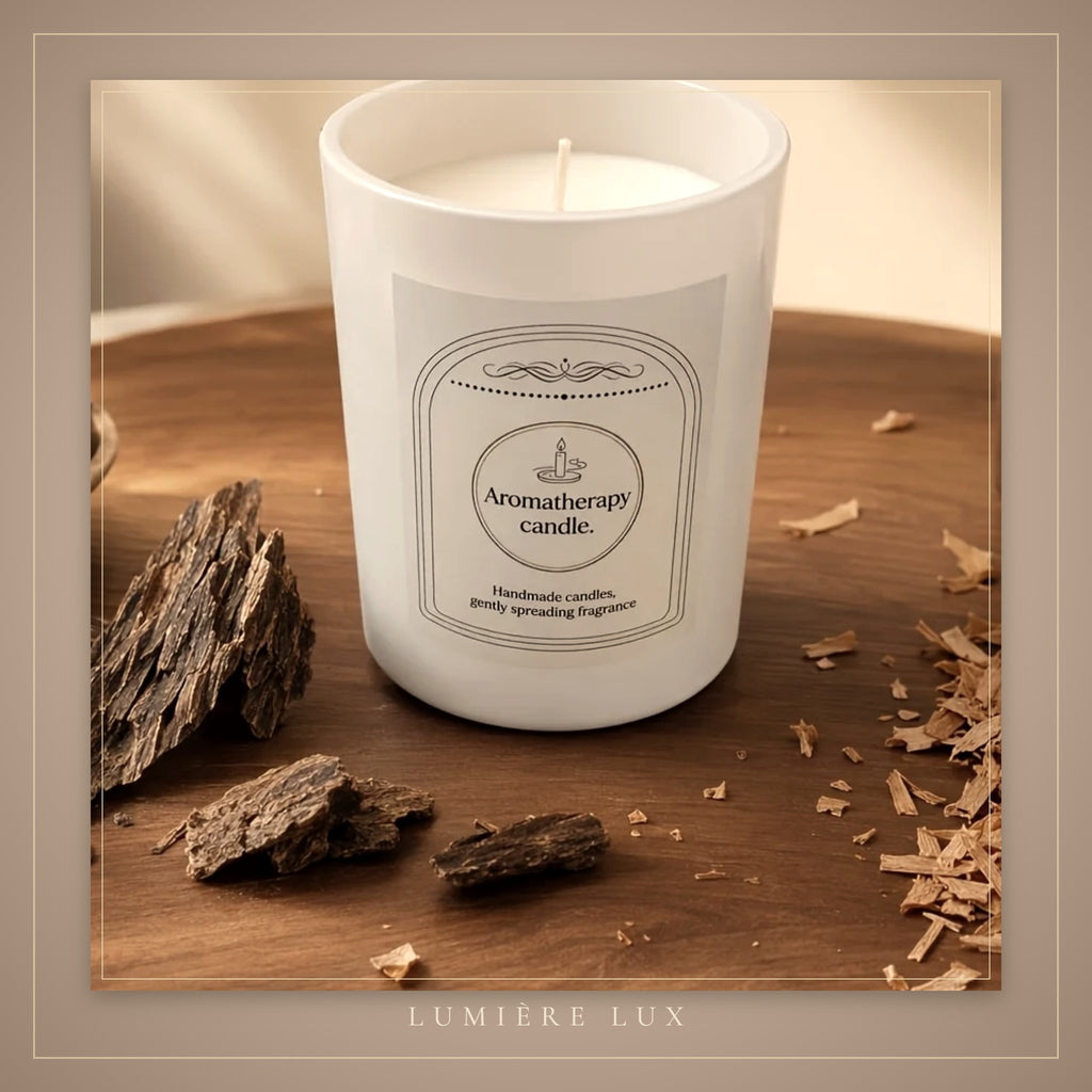 Porcelaine candle styled on a wooden tray