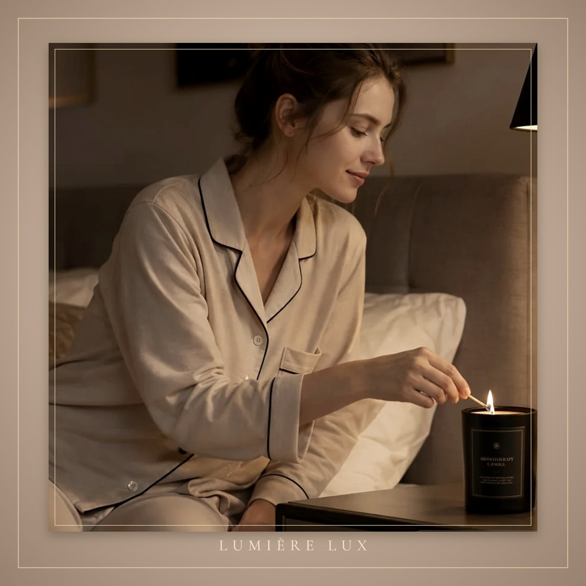 Noir candle glowing on a bedside table