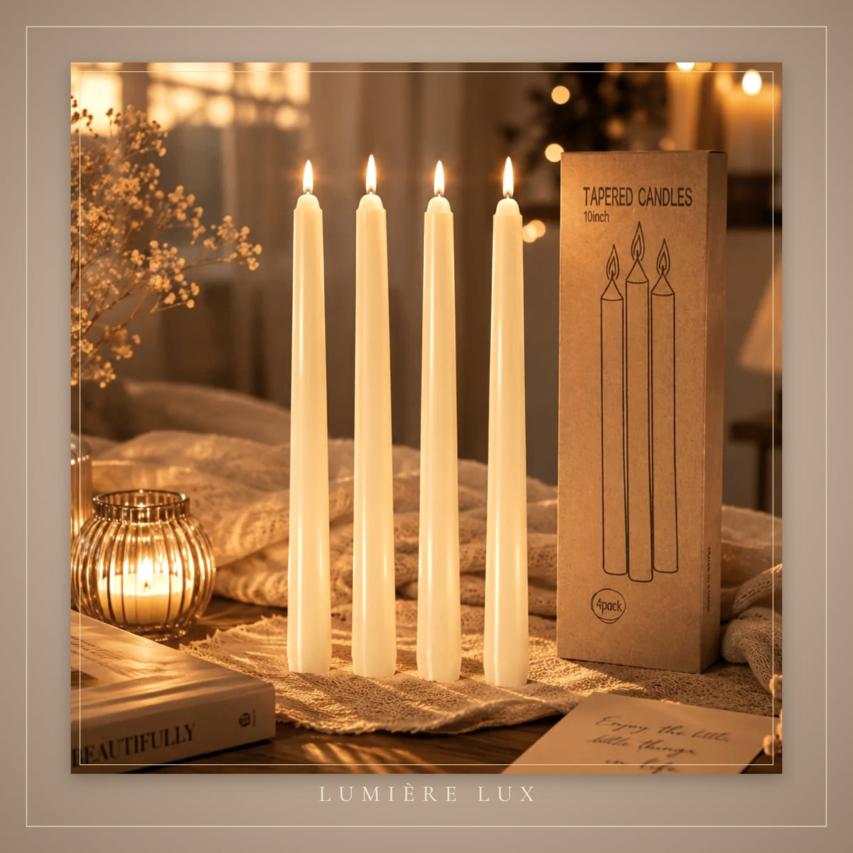 Ivory dinner candles lit on a table