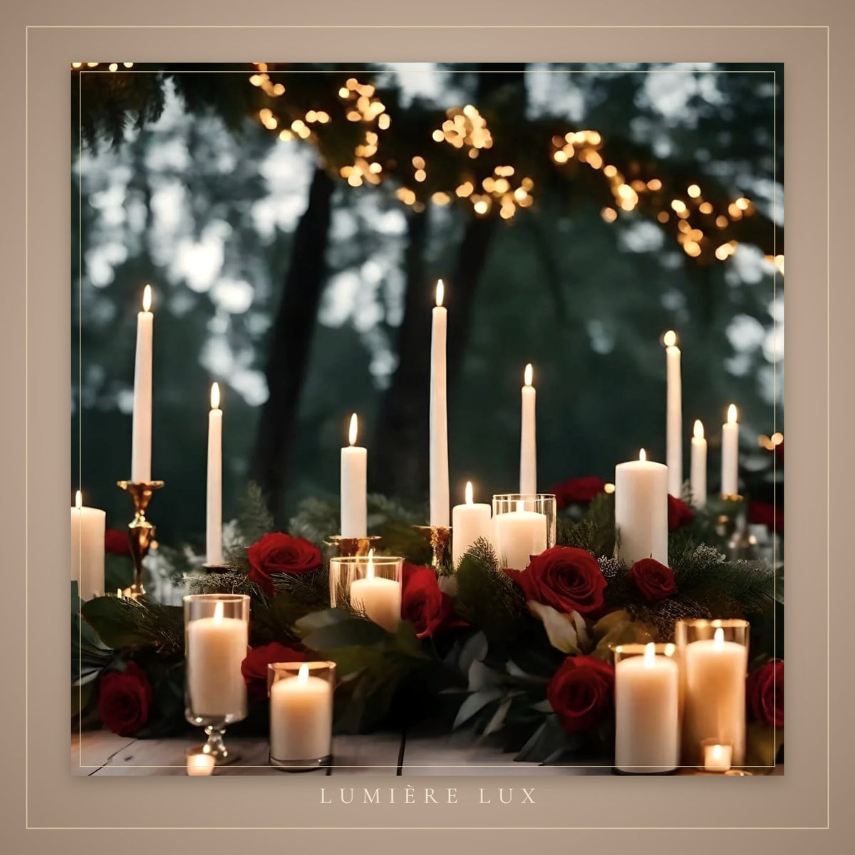 Tall taper candles on a festive dinner table