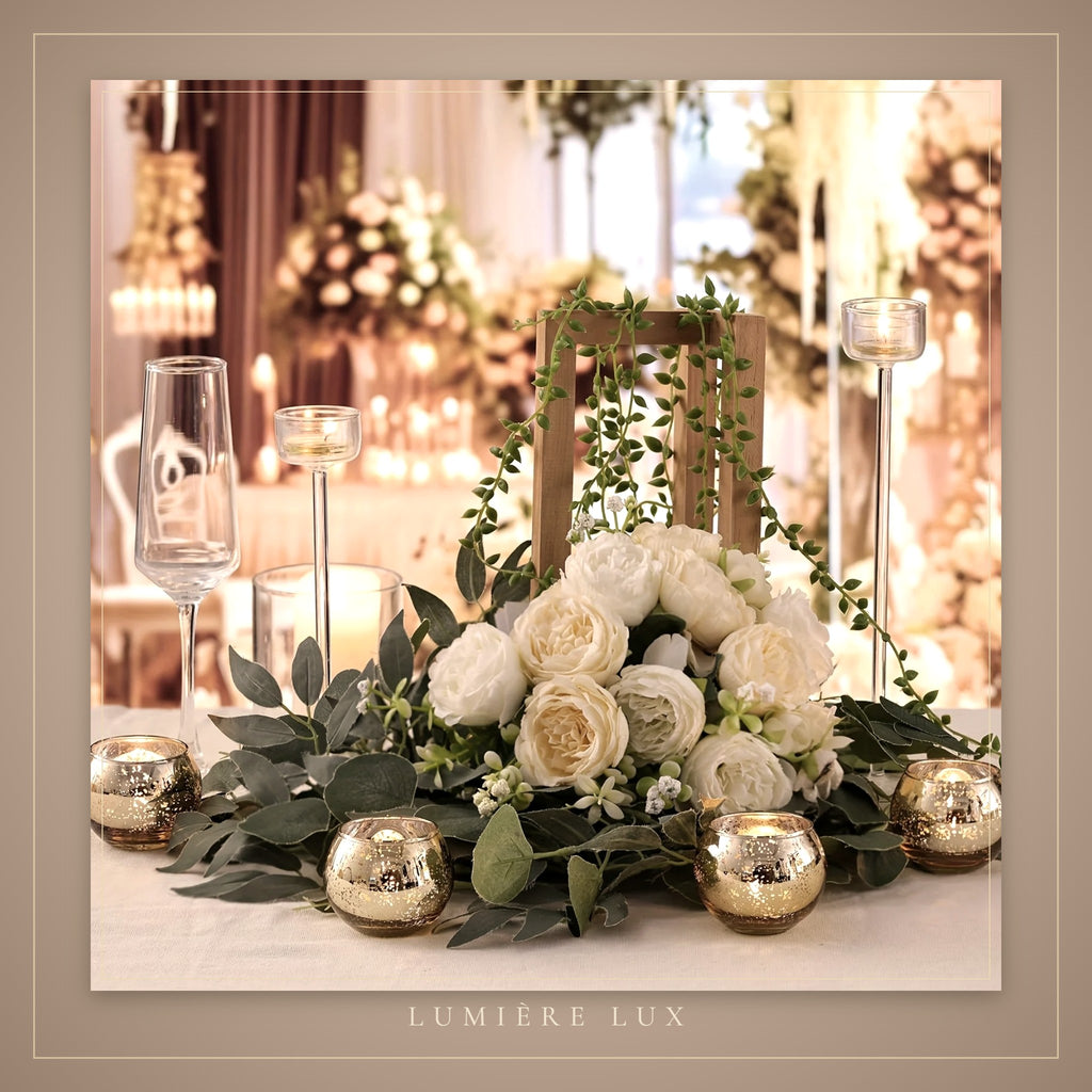 Gold tealight holders in a floral centrepiece