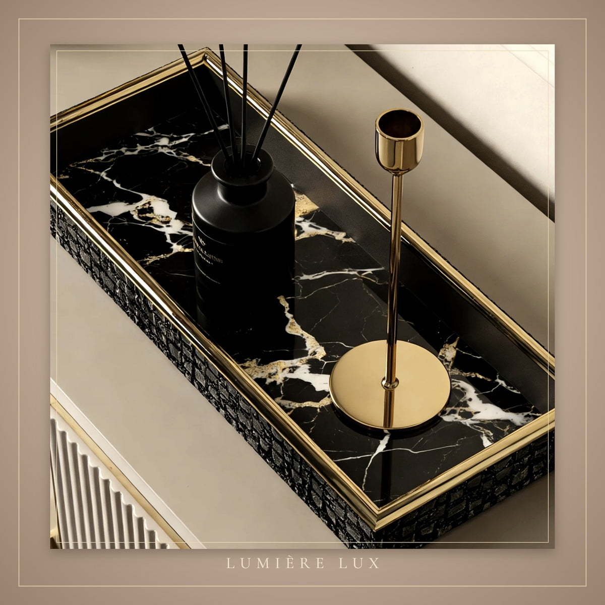 Noir & Gold Marble Tray – styled